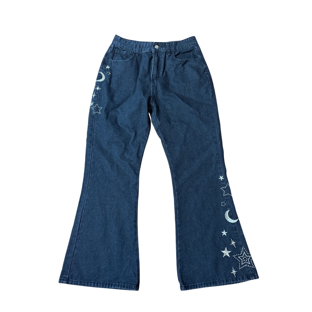 Flare Jeans Women Black Celestial Moon Star Embroidery SIZE L